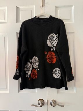 torrid Black Sweater with Red & White Rose Intarsia